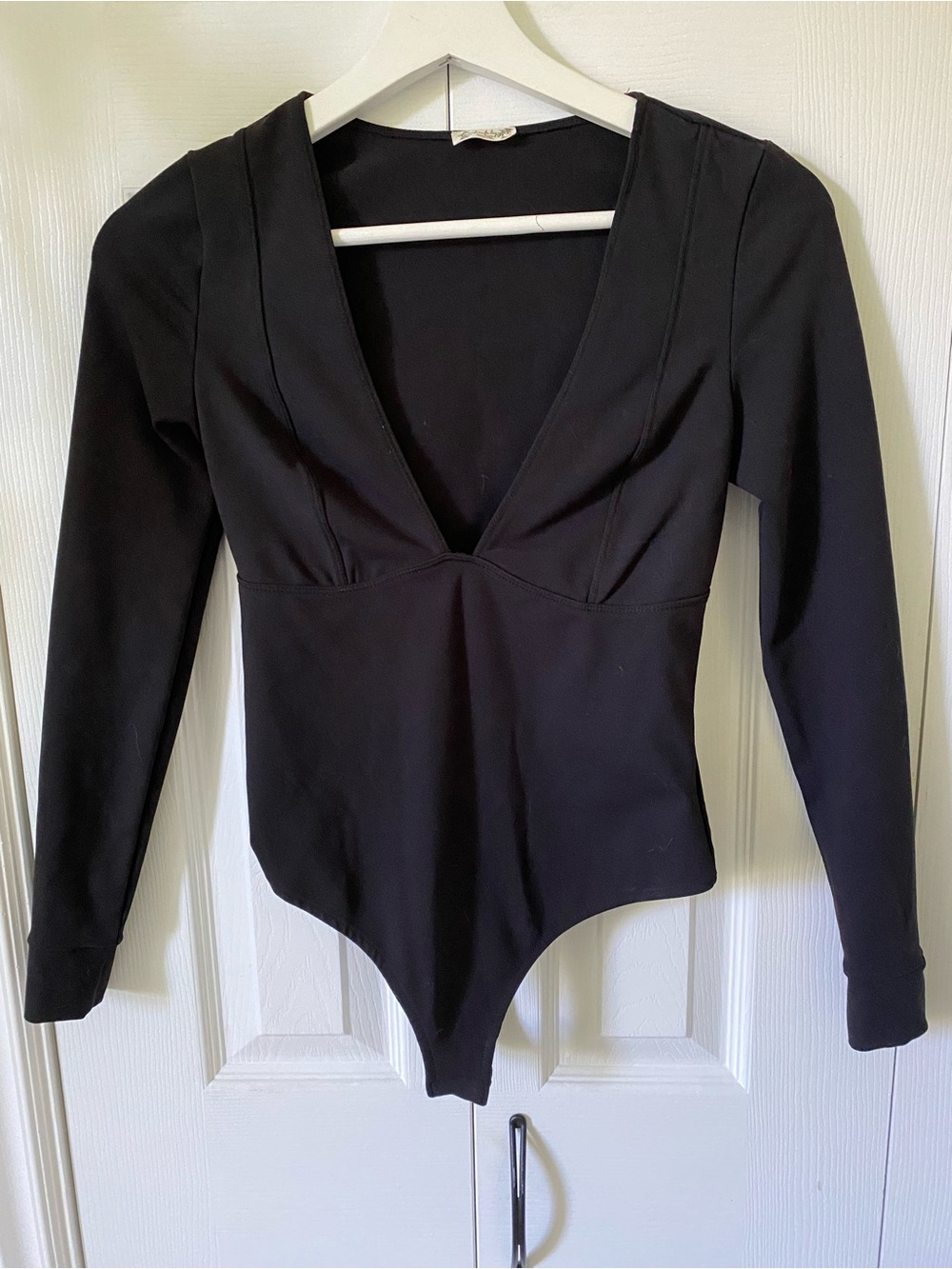 Free People Intimately Black Deep V neck Long Sleeve Thong Fitted Bodysuit XS